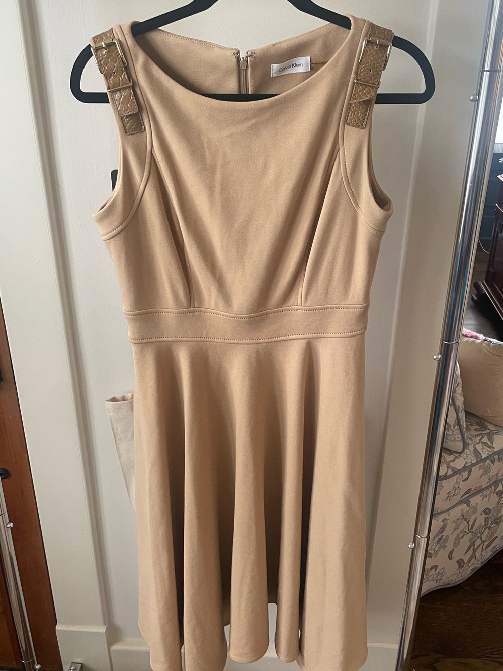Calvin Klein Beige Sleeveless Fit-and-Flare Dress with Buckle Straps